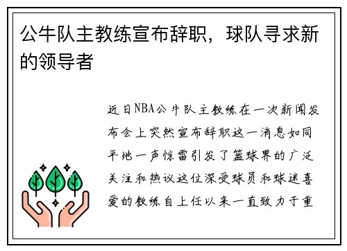 公牛队主教练宣布辞职，球队寻求新的领导者