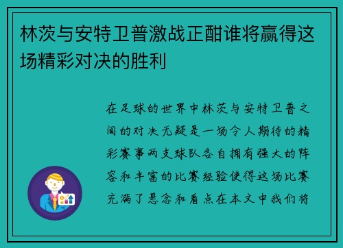 林茨与安特卫普激战正酣谁将赢得这场精彩对决的胜利
